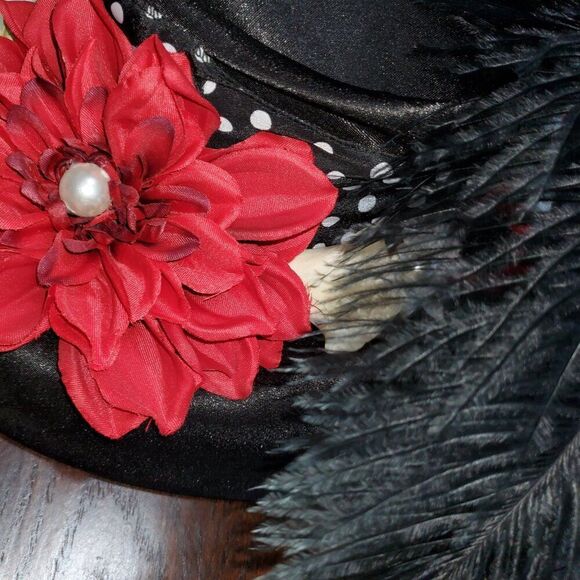 Handmade Kentucky Derby Custom Floral Black & Red Straw Big Brim Hat main image 4